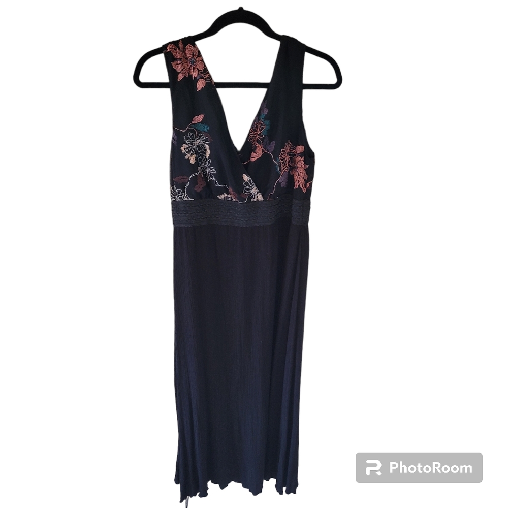 Lapis black, orange, and green sleeveless floral dress.